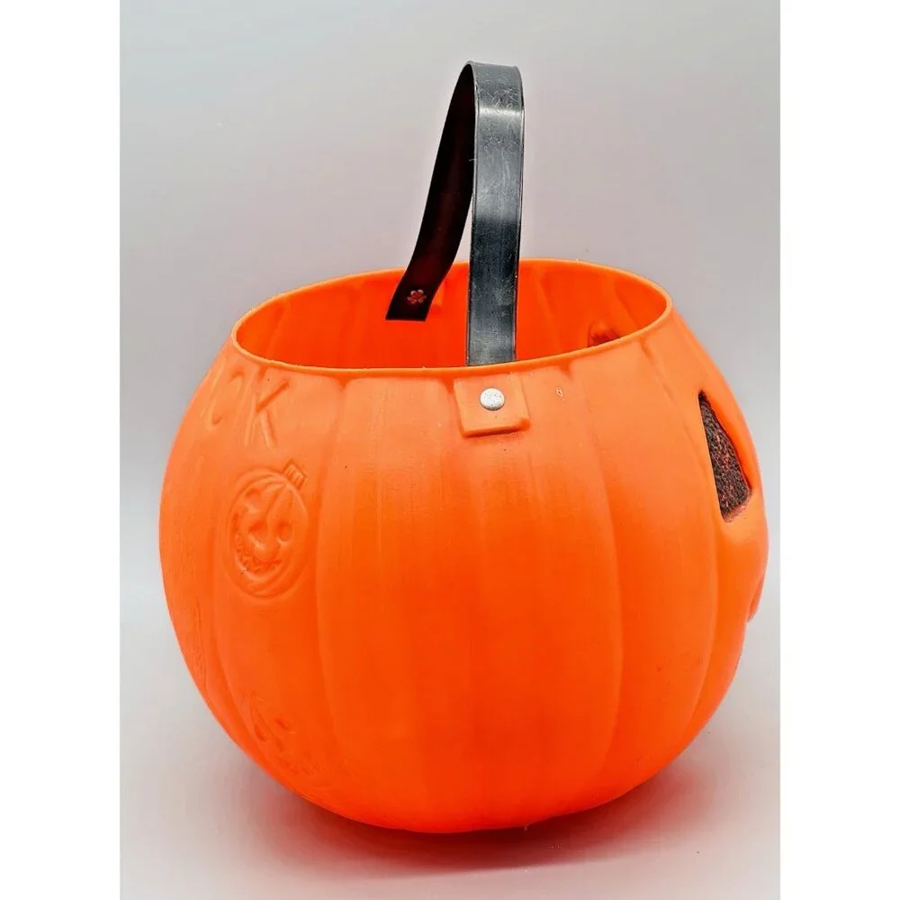 AJ Renzi Halloween Blow Mold Trick Or‎ Treat Pumpkin Cat Bucket 2 Sided Vintage